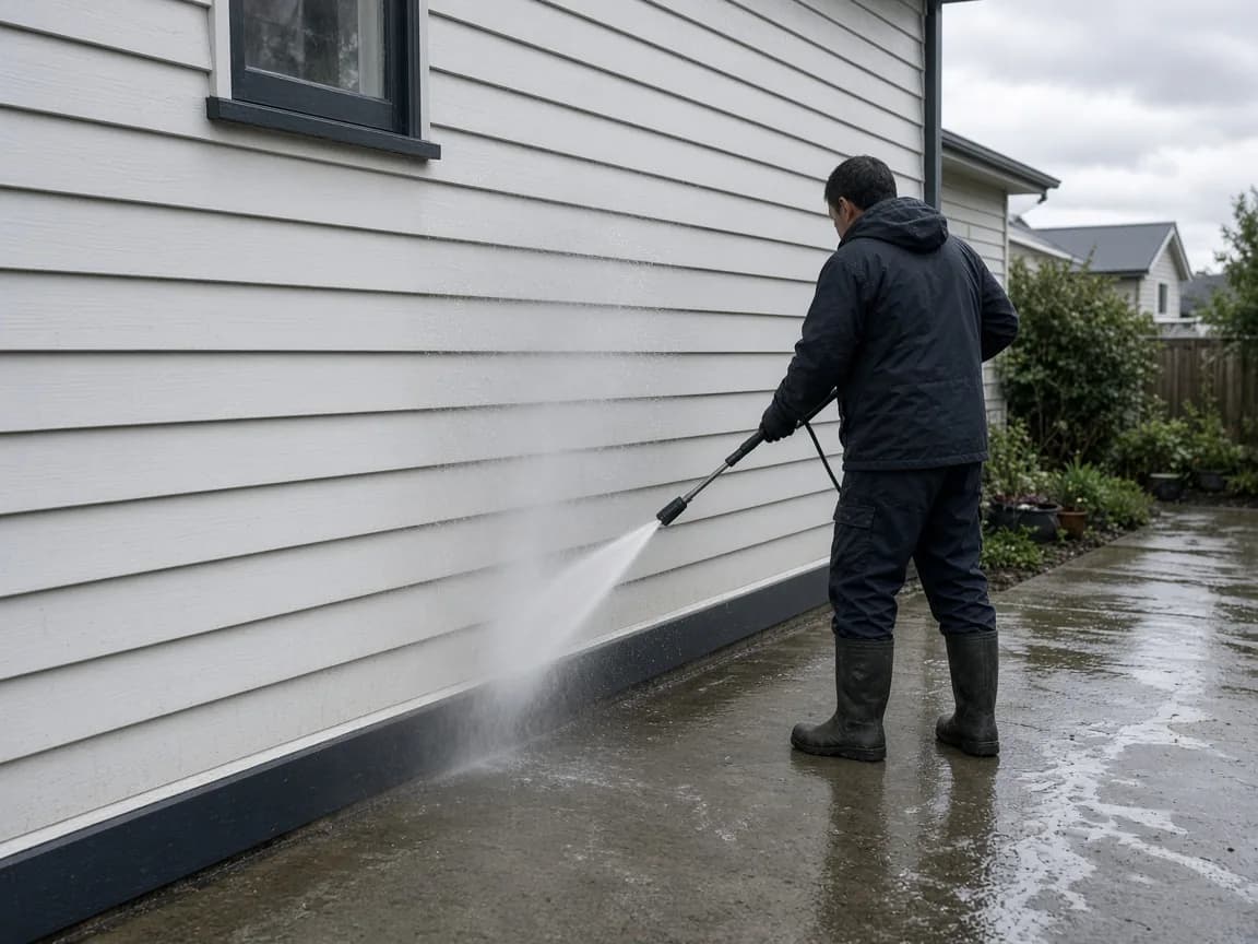 Pressure washer cleaning weatherboard and a concrete driveway outside a house